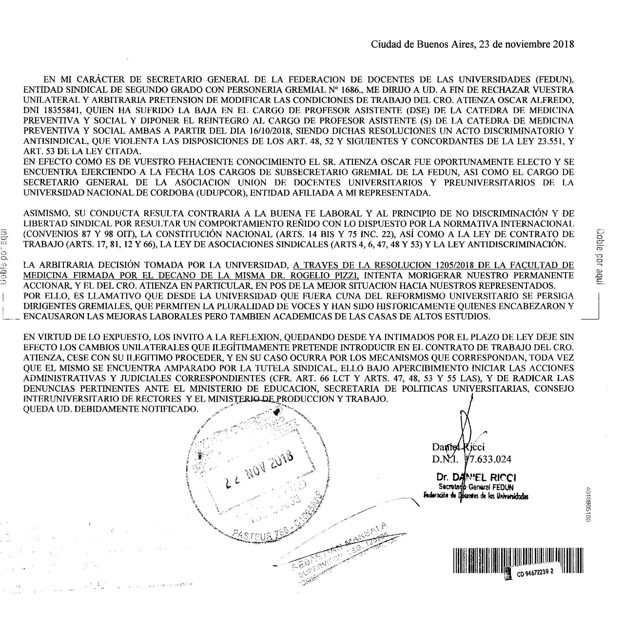 REPUDIAMOS EL ILEGAL Y ARBITRARIO DESPIDO DEL COMPAÑERO OSCAR ATIENZA