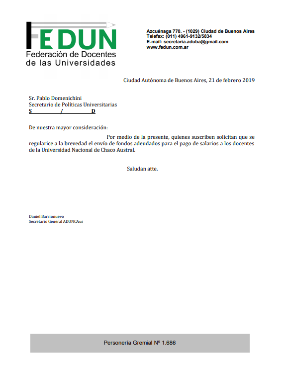 FEDUN solicitó a la SPU el incremento de los fondos para pagar los salarios a los docentes de la Universidad Nacional del Chaco Austral