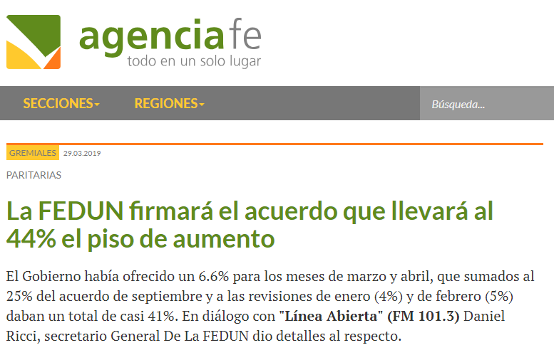 agenciafe | La FEDUN firmar&aacute; el acuerdo que llevar&aacute; al 44% el piso de aumento
