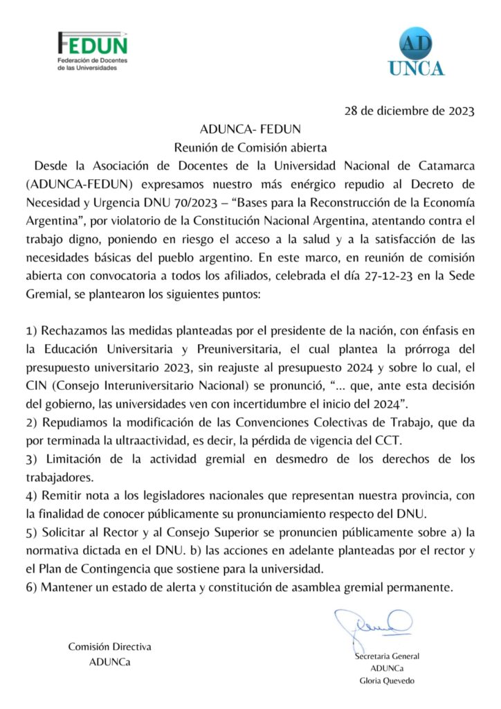 Reunión de comisión de ADUNCA expresó su rechazo al DNU de Milei
